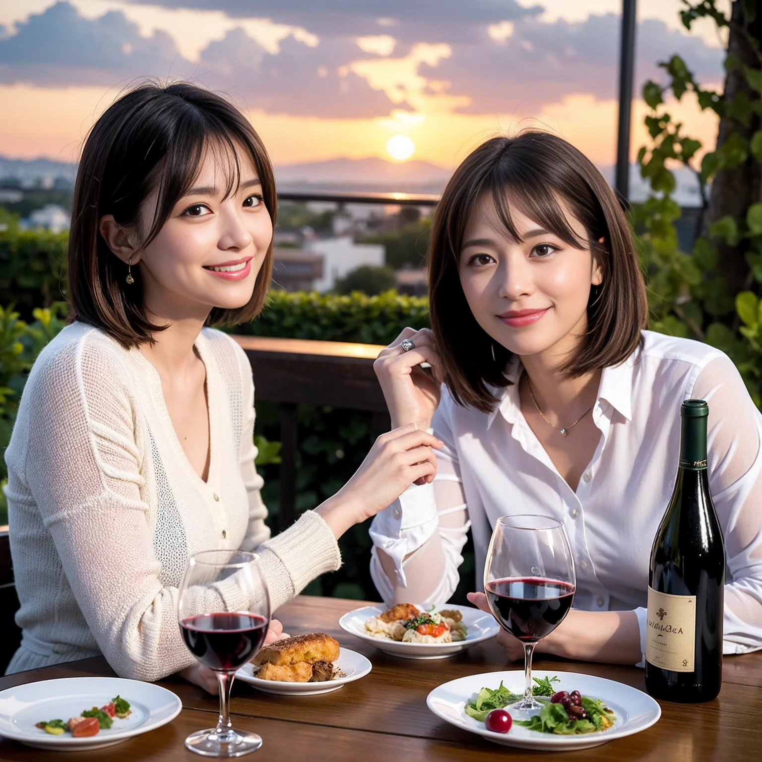 ((Highest quality、8k、masterpiece:1.3))、 (Genuineistic, Genuine、Bright image、Intricate details:1.2), Best smile 1 man 1 woman、Beautiful Couple、spouse、Couple、spouse、Beautiful Couple、Smile、A full-course dinner with a full table、テーブルにwine glass、 (Slim face), (The body is slim), (Brown Hair), (short hair), Please shine a light on my face、 Amazing view of the sunset sky and clouds、 (age 34), 39 years old, red wine 、Wine bottle、sparkling wine、Long sleeve shirt、dress、White wine, red wine, wine glass, 