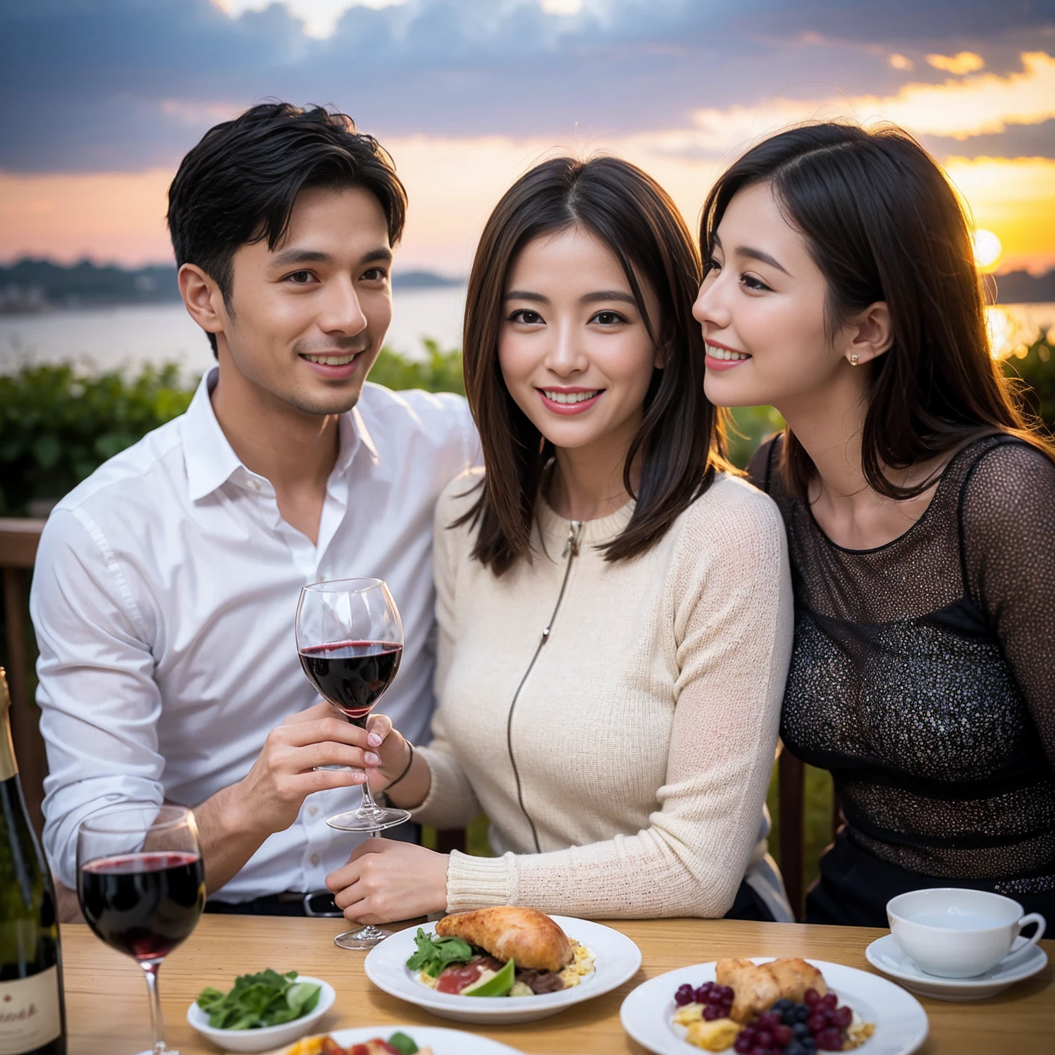 ((Highest quality、8k、masterpiece:1.3))、 (Genuineistic, Genuine、Bright image、Intricate details:1.2), Best smile 1 man 1 woman、Beautiful Couple、spouse、Couple、spouse、Beautiful Couple、Smile、A full-course dinner with a full table、テーブルにwine glass、 (Slim face), (The body is slim), (Brown Hair), (short hair), Please shine a light on my face、 Amazing view of the sunset sky and clouds、 (age 34), 39 years old, red wine 、Wine bottle、sparkling wine、Long sleeve shirt、dress、White wine, red wine, wine glass,