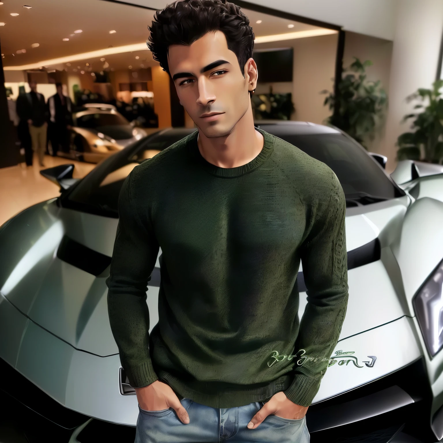 handsome man, green eyes, short black hair, young man aged 35, ultra realistic, inside a luxury car, 8K --auto --s2