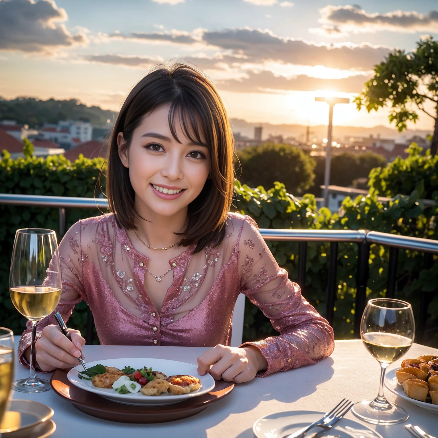 ((Highest quality、8k、masterpiece:1.3))、 (Genuineistic, Genuine、Bright image、Intricate details:1.2), Best smile 1 man 1 woman、Beautiful Couple、spouse、Couple、spouse、Beautiful Couple、Smile、A full-course dinner with a full table、テーブルにwine glass、 (Slim face), (The body is slim), (Brown Hair), (short hair), Please shine a light on my face、 Amazing view of the sunset sky and clouds、 (Age 44), 41 years old, red wine 、Appetizers、Wine bottle、sparkling wine、Long sleeve shirt、dress、White wine, red wine, wine glass,