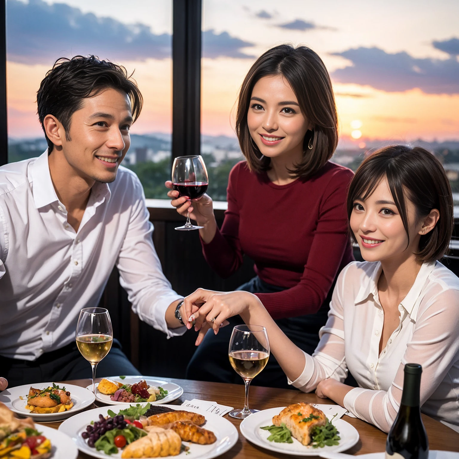 ((Highest quality、8k、masterpiece:1.3))、 (Genuineistic, Genuine、Bright image、Intricate details:1.2), Best smile 1 man 1 woman、Beautiful Couple、spouse、Couple、spouse、Beautiful Couple、Smile、A full-course dinner with a full table、テーブルにwine glass、 (Slim face), (The body is slim), (Brown Hair), (short hair), Please shine a light on my face、 Amazing view of the sunset sky and clouds、 (Age 44), 41 years old, red wine 、Appetizers、Wine bottle、sparkling wine、Long sleeve shirt、dress、White wine, red wine, wine glass,