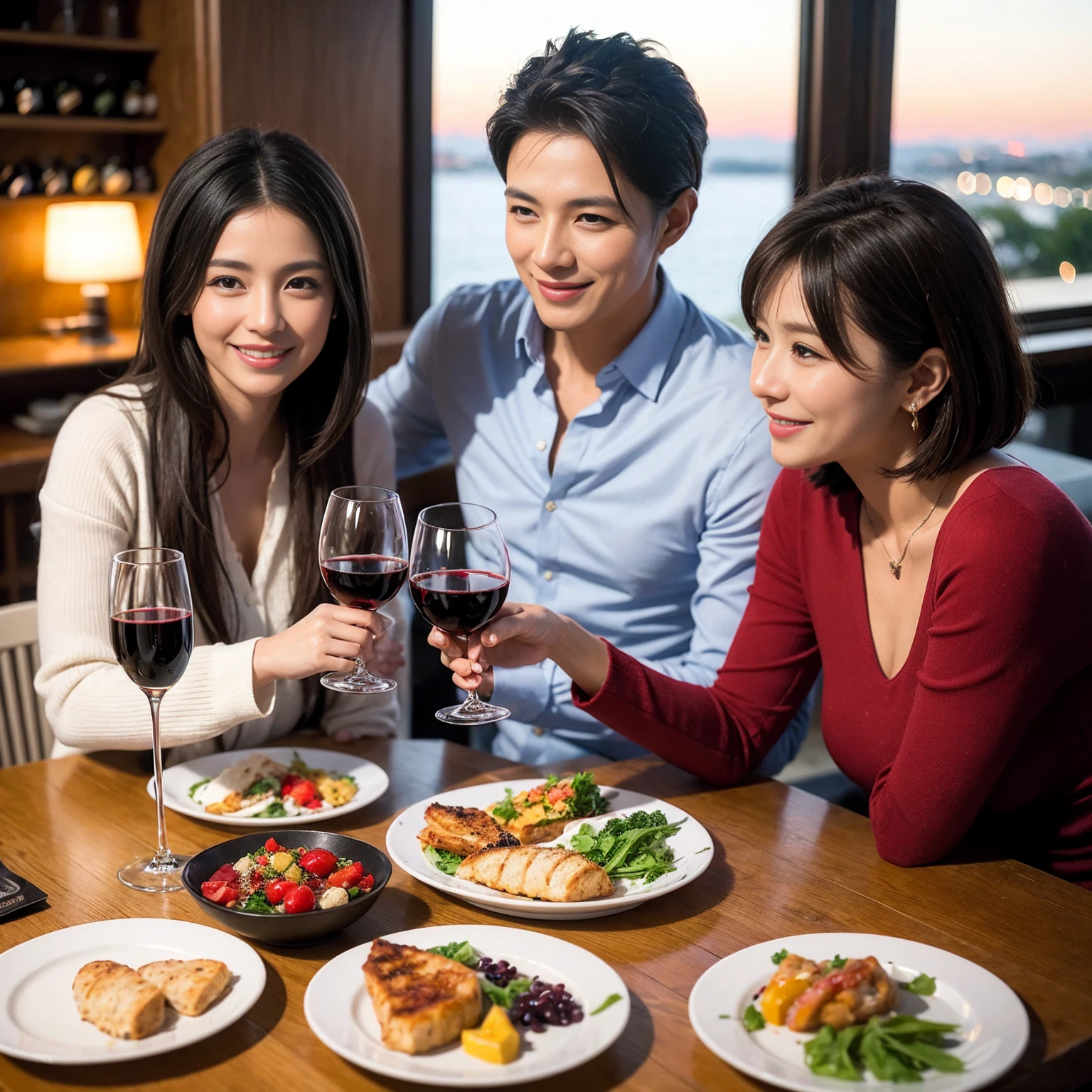 ((Highest quality、8k、masterpiece:1.3))、 (Genuineistic, Genuine、Bright image、Intricate details:1.2), Best smile 1 man 1 woman、Beautiful Couple、spouse、Couple、spouse、Beautiful Couple、Smile、A full-course dinner with a full table、テーブルにwine glass、 (Slim face), (The body is slim), (Brown Hair), (short hair), Please shine a light on my face、 Amazing view of the sunset sky and clouds、 (Age 44), 41 years old, red wine 、Appetizers、Wine bottle、sparkling wine、Long sleeve shirt、dress、White wine, red wine, wine glass,