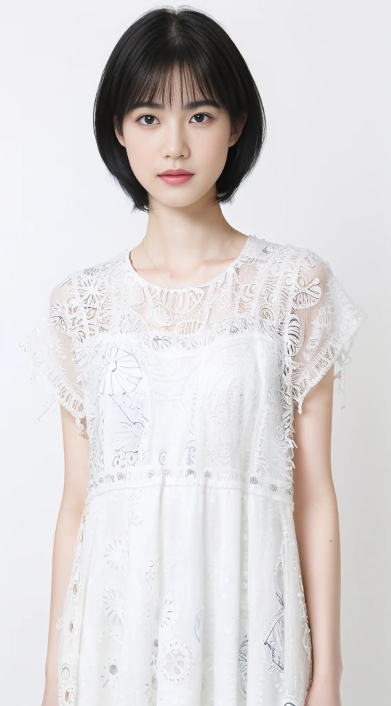 (short black hair:1.2), (20-year-old girl), (exaggerated), (masterpiece), (8KUHD), looking at the camera, slender waist, wearing jeans, ((white dress-t-shirt)) , full bust, abstract drawing, (doodle:1.46)