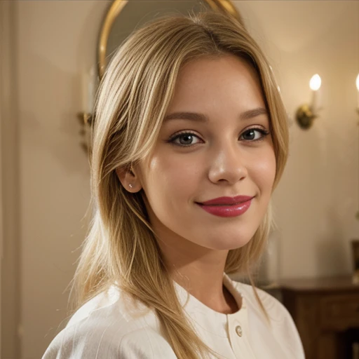 blond,belle, visage parfait, lipstick, sourire, cheveux longs, elle est de profil, des boucles d' she is athletic, elle est dans son lit et prends un selfie d’elle qui prends une position sexy d’elle en lingerie fine blanche, she bites her lips, she shows her panties on camera and her back is, il fait nuit avec un faible eclairage, il est 23h, elle est chaude, brûlante, she burns with desire,Elle a un déguisement avec des oreilles de lapin,