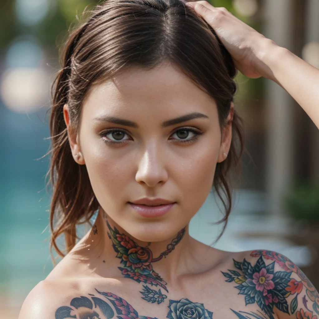 Close-up of a woman with tattoos on her body, what kind of bone. ultra realistic, beautiful works of art, beautiful digital images, Rossdros Pastel Bright, stunning artwork, amazing art style, bright colors, hyperrealism, realistic digital art 4k, realistic digital art 4k, Great art, High quality detailed 8K graphics, Rossdraws cartoon bright