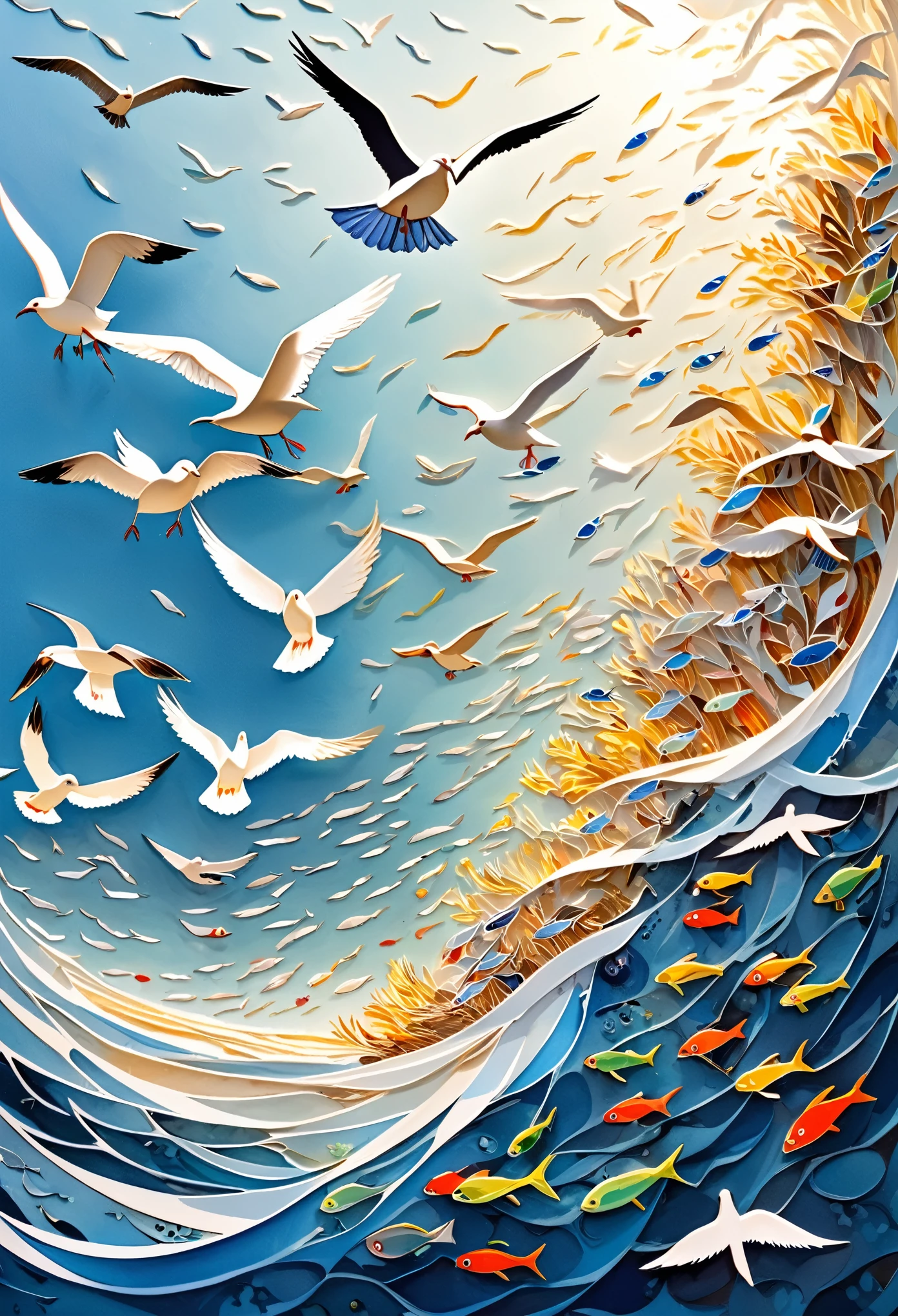 best quality, super fine, 16k, extremely detailed, 2.5D, delicate and dynamic, seagulls gather around a school of small fish at sea, fusion of watercolors and oil paintings, fusion of paper cutting and shadow puppetry, three-dimensional effect expressed by light and shade, eye-catching effects, wind, wind effects