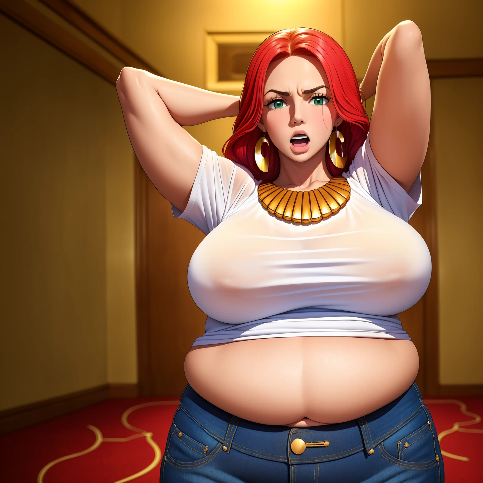 masterpiece, ((ultra detailed background, delicate pattern, intricate detail)), (highly detailed, fine details), best quality, beautiful lighting, (medium breasts), (cowboy shot), BaccaratV2, 1girl, solo, long hair, jewelry, red hair, earrings, necklace, green eyes, tattoo, ((white T-shirt, simple T-shirt, jeans)), complex detailed background, casino environment, fancy interior environment, rich interior, cowboy shot, ((big belly, massive belly, chubby, giant belly)), shocked, open mouth, (hands behind head:1.4), (solo:1.5)