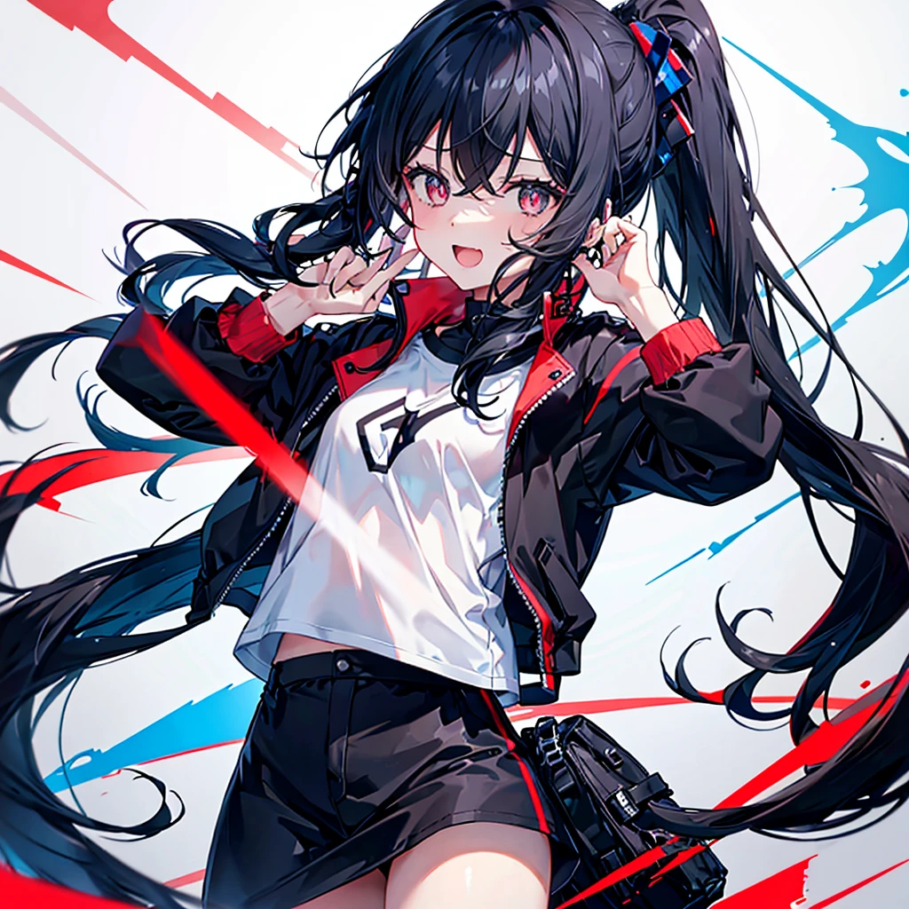 1girl, long black hair, ponytail, red and blue pupils, Wearing a white t-shirt, black jacket, Stand, Laugh 