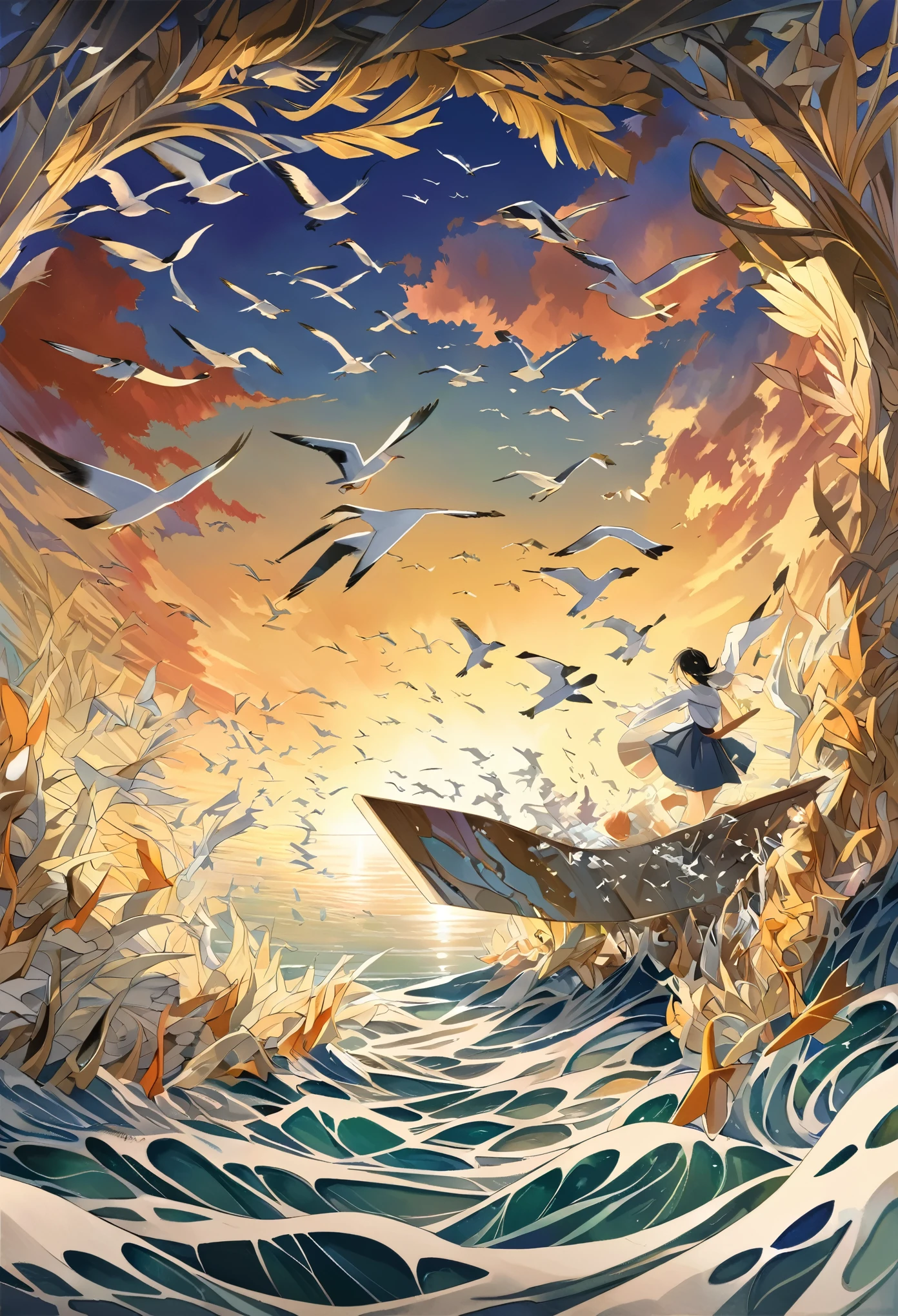 best quality, super fine, 16k, extremely detailed, 2.5D, delicate and dynamic, seagulls gather around a school of small fish at sea, fusion of watercolors and oil paintings, fusion of paper cutting and shadow puppetry, three-dimensional effect expressed by light and shade, eye-catching effects, wind, wind effects