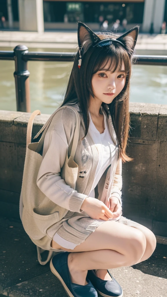 Masterpiece, 4k, Bokeh, beautiful face, (Japanese idle:1.6), (Long cardigan with a t-shirt dress and flats, Casual weekend background, Canvas tote bag:1.4), (Cat ears:1.3), Sitting on From below, (London:1.5)