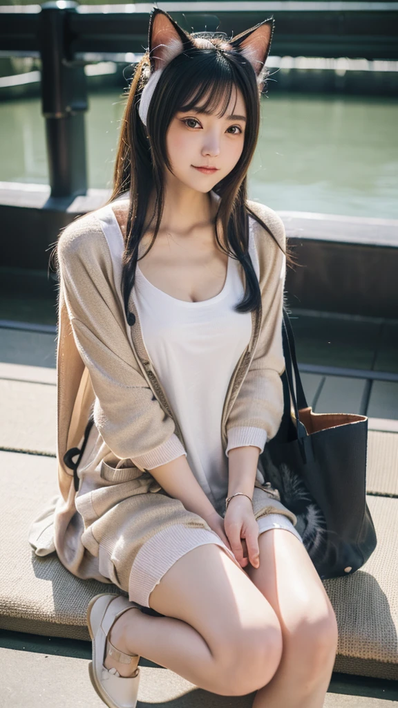 Masterpiece, 4k, Bokeh, beautiful face, (Japanese idle:1.6), (Long cardigan with a t-shirt dress and flats, Casual weekend background, Canvas tote bag:1.4), (Cat ears:1.3), Sitting on From below, (London:1.5)