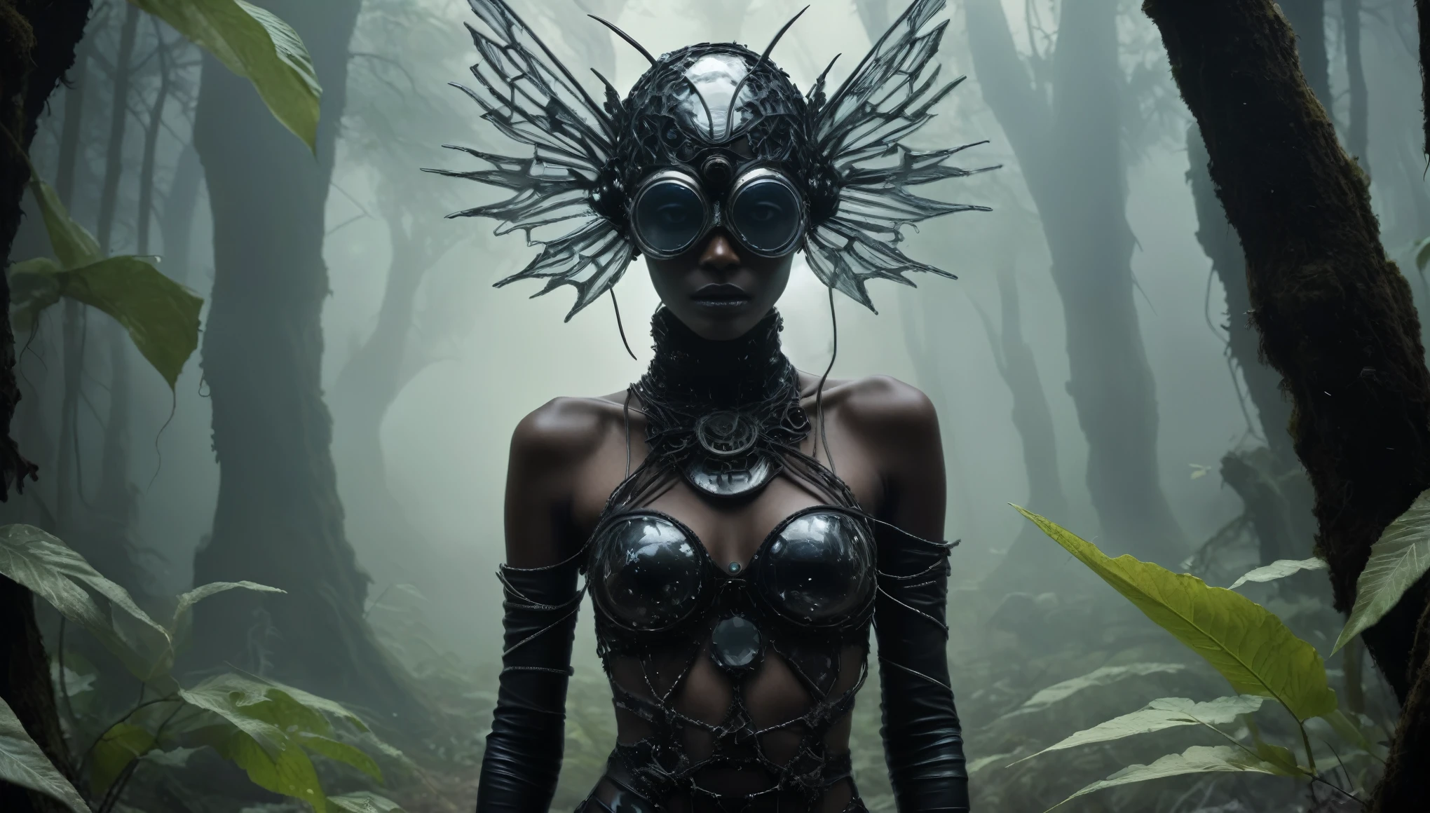 abandoned young niobium glass junkie's mummy made of dead crystal plants, foggy Louisiana forest, radioactive atmosphere,charcoal mechanical clockwork , steampunk dark horror fantasy, ominous fairyland,large number of stars fly towards the viewer,ruined theme,lots of toxic dust,amazon,full body length shot,once pretty face,full body length, eerie atmosphere, ethereal presence, toxic mists, supernatural entities, sinister aura, dark and twisted branches, macabre elements, eerie and ominous lighting,Complicated detail,captivating creation,intricate details,extremely detailed,masterpiece,intricate details,eyes extremely detailed, high detailed eyes,32k resolution, Nikon Z9,like Stone Forest in Yunnan Province of China,Simon Stalenhag,Nicola Samori,Wangechi Mutu, horror movie, cinematic look, creepy aesthetic, ultra detailed, photorealistic, masterpiece,(professional 3d render:1.3),junkie,black and (pink:0.7), organic outfit with a curved mask and a glass dome visor, fashionable alien junkie, vespertine, futuristic clothing and glass, movie stile, avante garde design stylings inspired by white and black squares and curves(Intricate:1.4), decadent