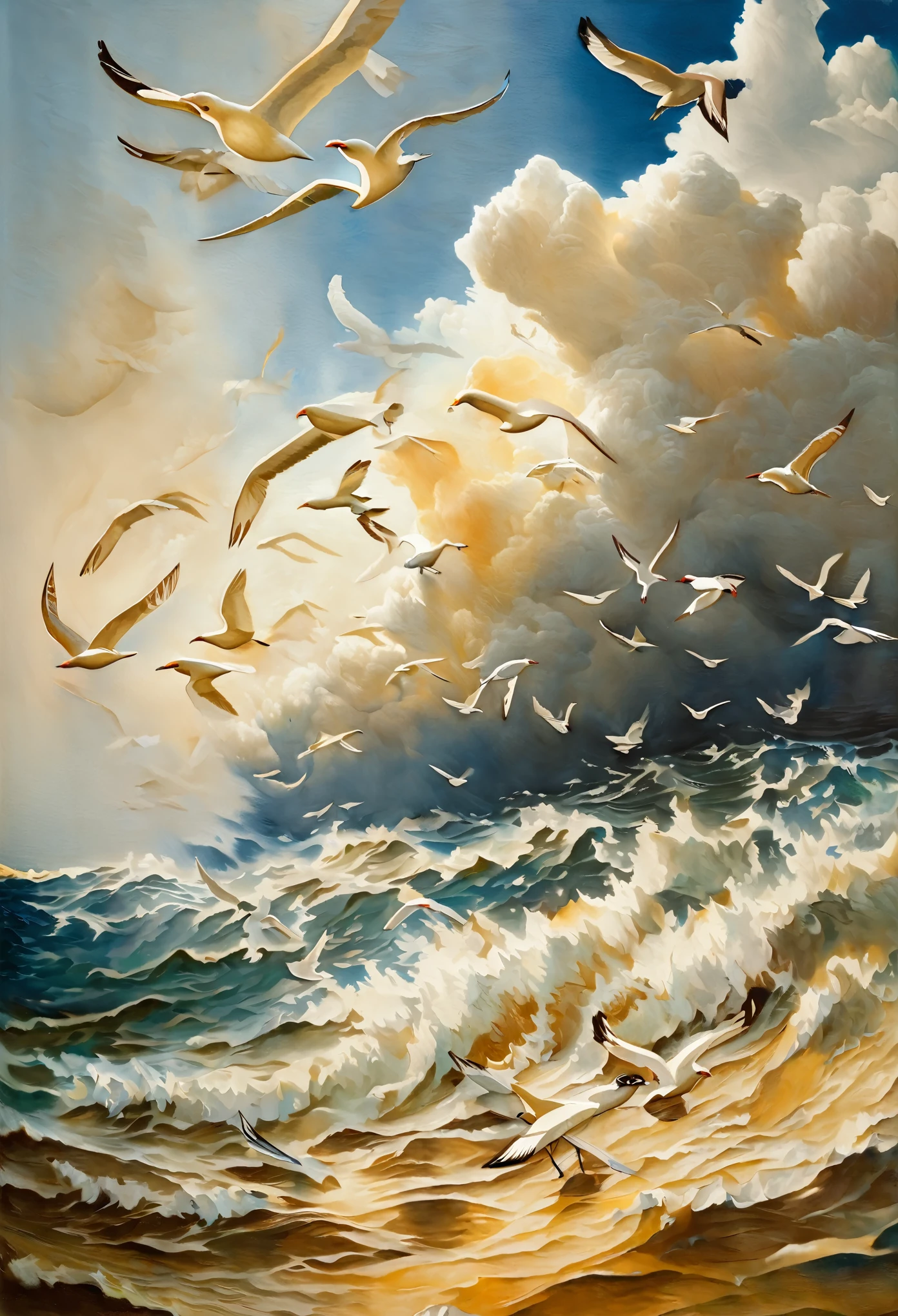 best quality, super fine, 16k, extremely detailed, 2.5D, delicate and dynamic, seagulls gather around a school of small fish at sea, fusion of watercolors and oil paintings, fusion of paper cutting and shadow puppetry, three-dimensional effect expressed by light and shade, eye-catching effects, wind, wind effects