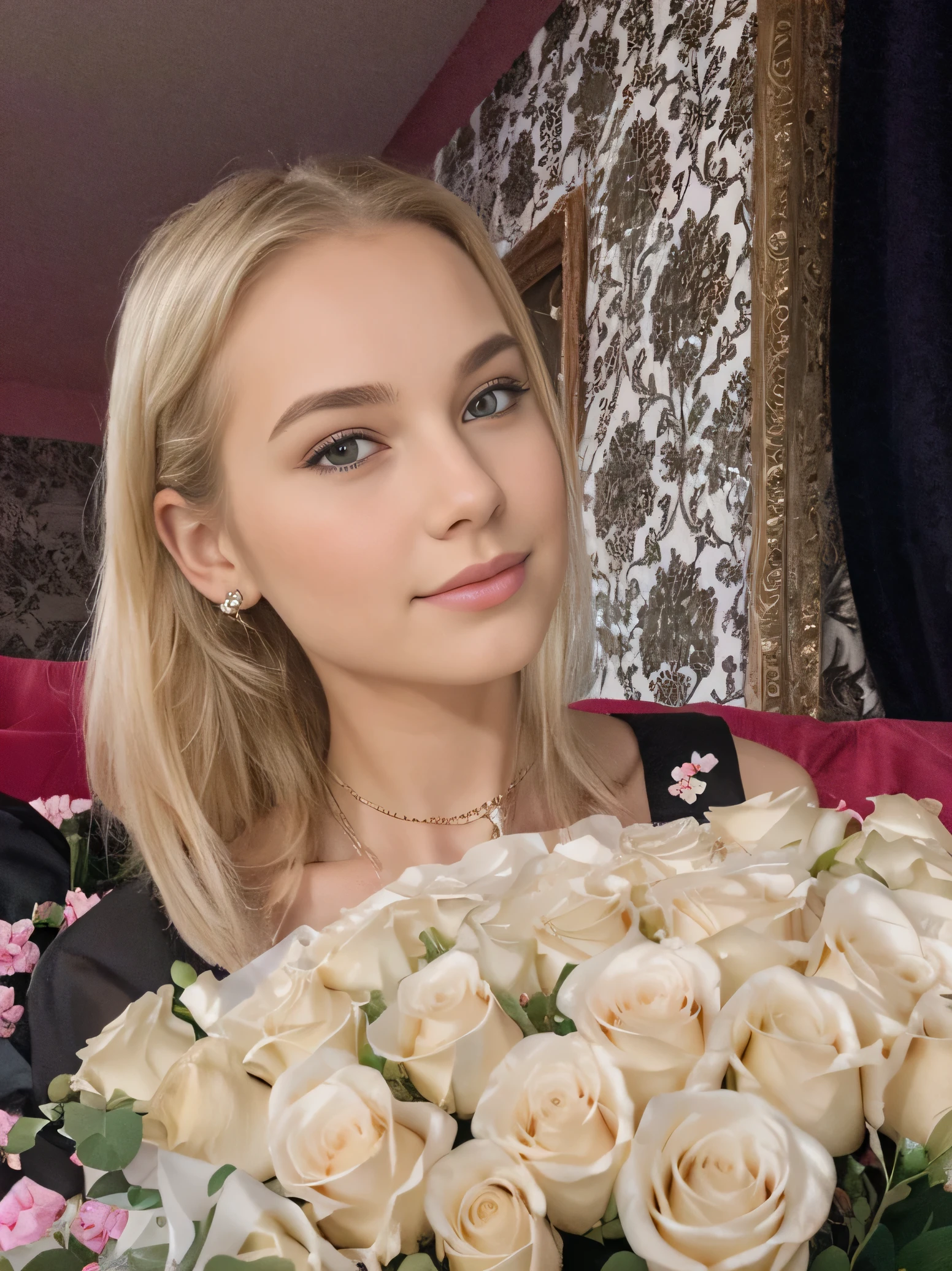 Blonde girl with a bouquet of white roses