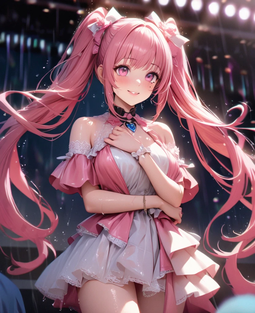 One Girl、Looking at the audience、lovely,
Beautiful pink eyes、short twin tail hair , Mole under the eye、Plump and glossy lips、Heart-shaped choca、Idol、Her name is Rico,smile、ー、。.。.。.。.。.。.。.。.。.。.。.。.。.。.。.。.。.。.3D、Realistic、
The idol's costume was soaked in the heavy rain, and her chest was wet and transparent.Heavy rain at outdoor concert, Drape clothes、gem、The decoration has been removed、Floral、Lace trim,On a glittering stage、
masterpiece、highest quality、8k、Detailed skin texture、Detailed cloth texture、Beautifully detailed face、Intricate details、Very detailed、
超A high resolution、8k Ultra HD、Film Grain、Best Shadow、delicate、Gazing at the audience、front