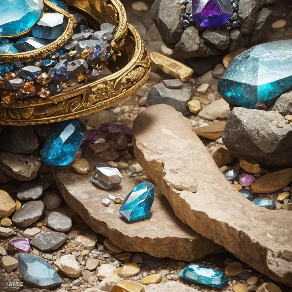 super fine illustration, top quality, gems and stones, mixed together,  rough rocks, detailed textures, vibrant colors, contrasting elements, scattered arrangement, natural setting, realistic style, intricate details, harmonious composition, elegant contrasts, light reflections, subtle shadows