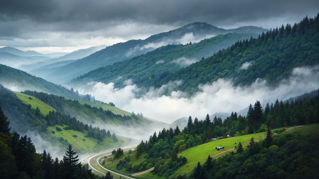 wonderfull landsape with hills and dreaming forest under rain and fog, view from a nice road  