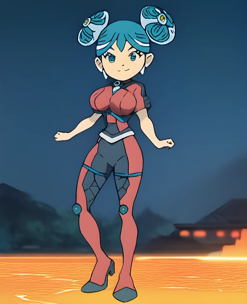 best quality,ultra detailed,solo,1girl,score_9, score_8_up, score_7_up, score_6_up, score_5_up, score_4_up, source_anime, maquia, two-tone hair, aqua hair, aqua eyes, white bodysuit, smile,large breasts,(front view,portrait),full body, standing on lava,heavenly ass, heavenly breasts, big ass, no shoes, wearing heels, long legs,