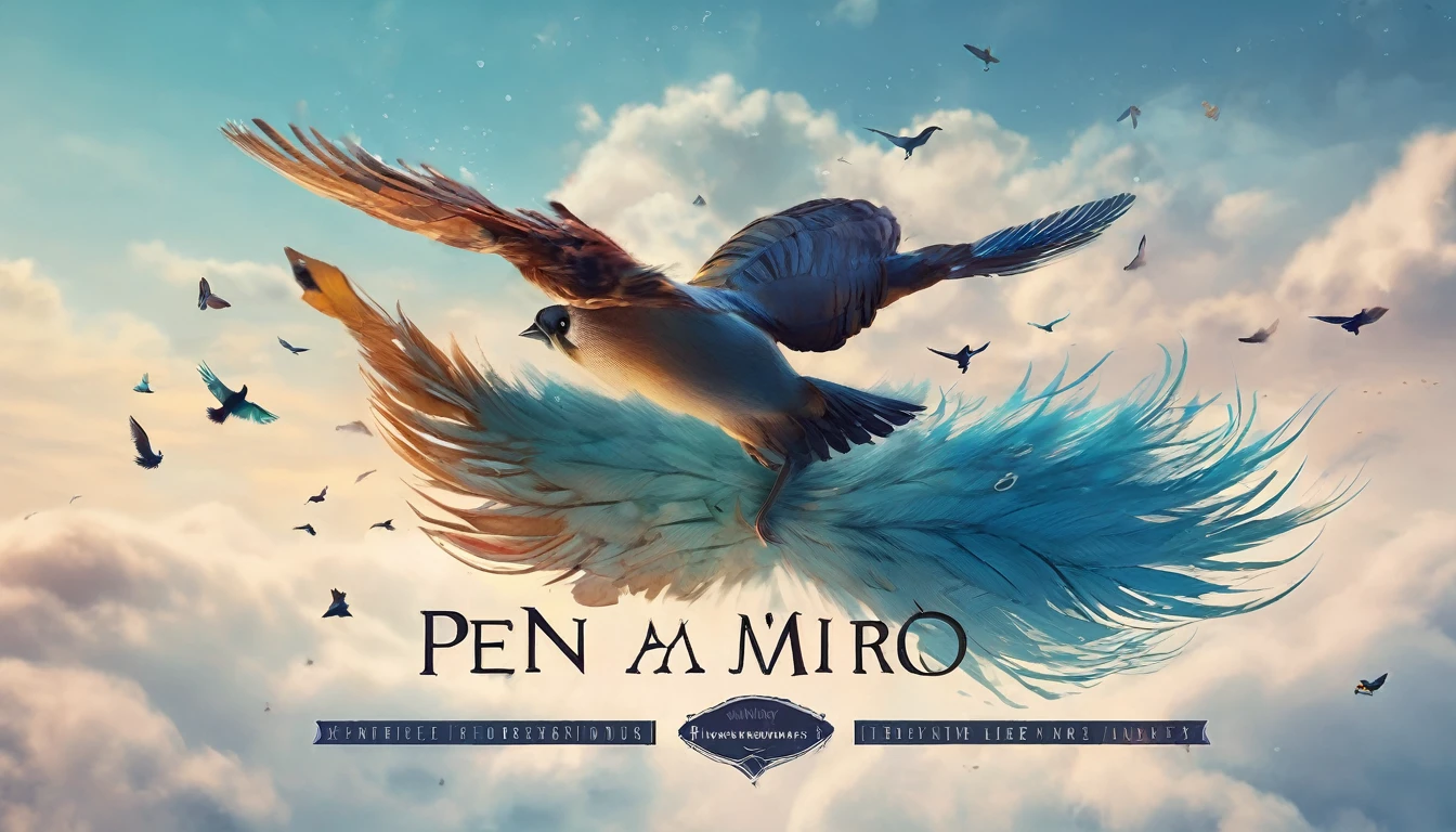 Create a professional, fantastic, cinematic Youtube Banner for a brand about music and stories called " Penamemoria". Masterpiece, 4k, sharp focus, highest quality,wide shot. The title is " Penamemoria". Is a brand about the creative, unique journey of a boy into becoming a musician storyteller. In his journey he finds inspiration in a world of birds and feathers. Minimalistic, simple, poetic, dreamy logotype at the center of the image. The Background image is a world full of fantastic feathers, unique birds, light blue sky, and a boy running happily into the horizon with an acoustic guitar in his right hand. Boy running against the wind, almost simulating like he is flying