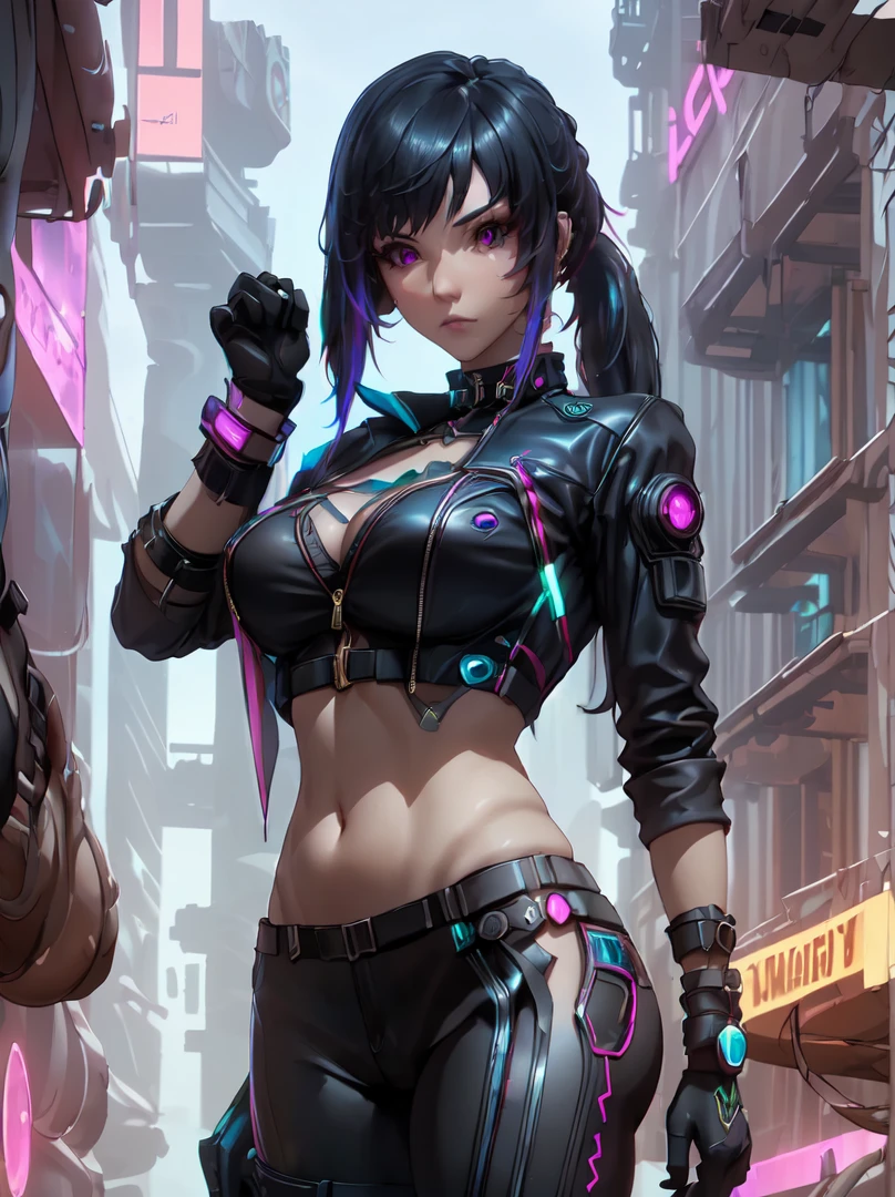 (masterpiece, best quality, aesthetic:1.4,) 1girl, Cyberpunk, futuristic, Yelan, BREAK, symmetrical face, highly detailed face, black hair, long hair, ponytail, holographic interface, BREAK, crimson eyes, highly detailed eyes, BREAK, large breasts, leather jacket, black leather outfit, BREAK, knee boots, black yoga pants, black gloves, tactical gear, BREAK, stretching, serious expression, standing, BREAK, female focus, cowboy shot, neon aesthetic, futuristic cityscape, sci-fi