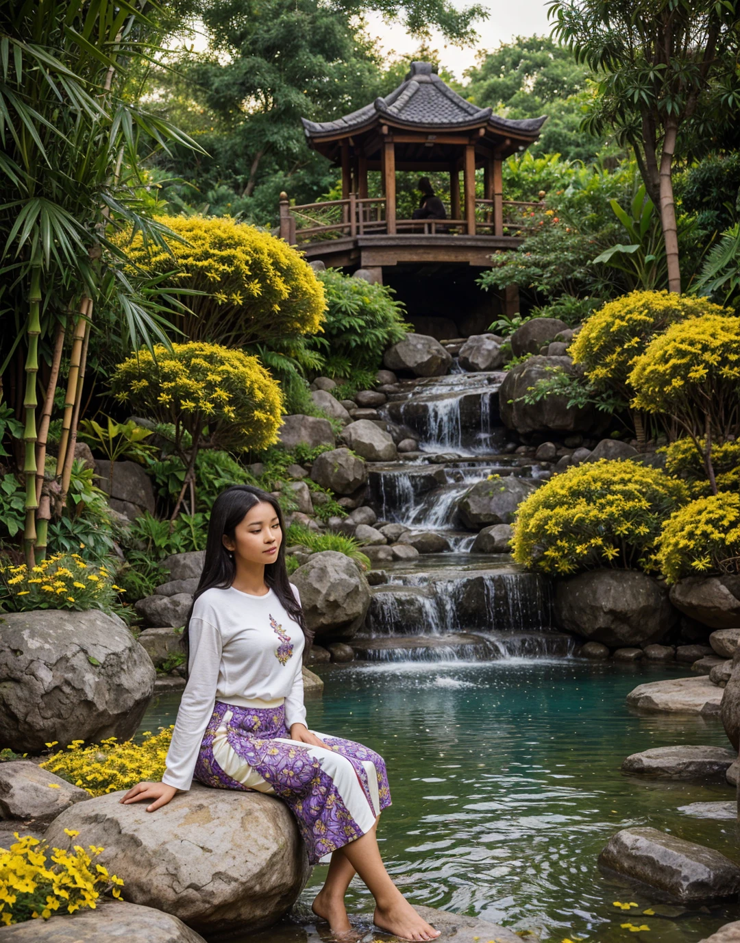 A beautiful Indonesian woman sits relaxed on a rock by the pool in a beautiful garden. She wore a beautiful patterned white long-sleeved t-shirt top and a long purple skirt with a gold pattern. Her long, wavy black hair is decorated with purple and yellow flowers. In the background you can see a curved wooden bridge, traditional buildings with pointed roofs, small waterfalls and carved statues. The garden is filled with colorful flowers such as yellow and purple. Several bamboo baskets filled with yellow flowers lay nearby. Soft, warm lighting adds to the calming and beautiful atmosphere. Detailed, high resolution images as if taken with an 88mm dslr camera