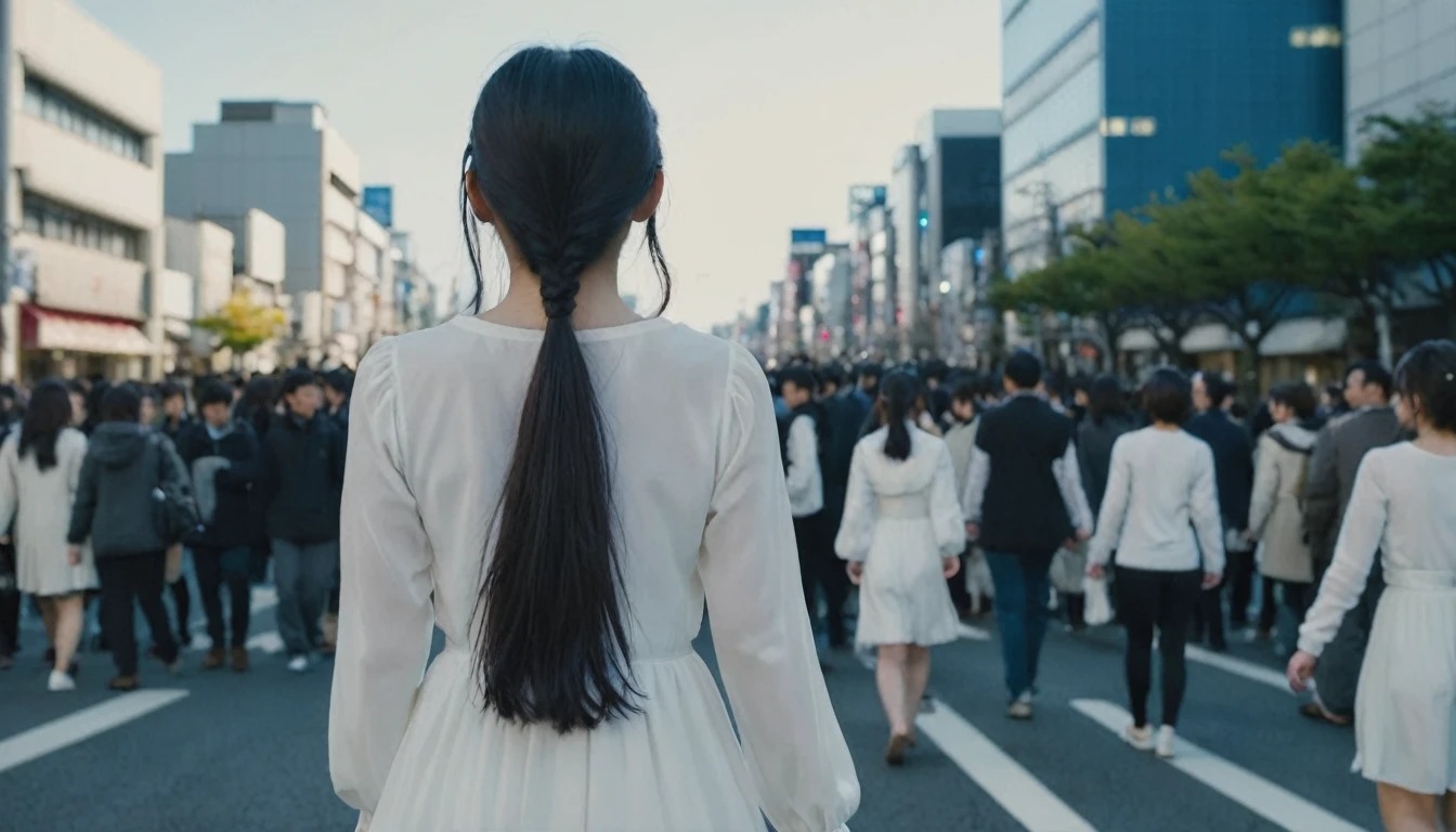 a girl, 17yo, (from back), wide shot, black hair, (two ponytails), looking ahead, white dress, long sleeves, walking Tokyo city road, buildings, crowd of people, blue sky, bloom, glowing,