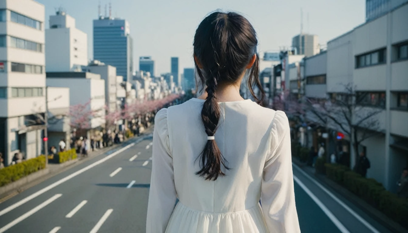a girl, 17yo, (from back), wide shot, black hair, (two ponytails), looking ahead, white dress, long sleeves, walking Tokyo city road, buildings, crowd of people, blue sky, bloom, glowing,