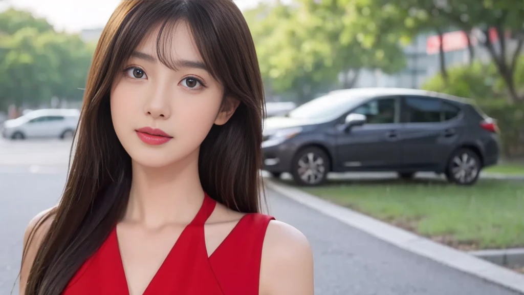 (masterpiece),(Best quality:1.0), (Ultra-high sharpness:1.0), A detailed description, 8K, Japanese cartoon, 1 girl, beautiful Japanese cartoon girl, Wearing a red dress, corolla, Pretty Face, Detailed face, beautiful eyes, Delicate eyes, Dark red eyes, Bright red lips, Red lipstick, Beautiful and stylish hair, Hair highlights, bangs Japanese cartoon style, Best quality, Energetic