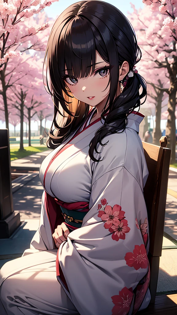 (1girl:1.3), Masterpiece, Best quality, amazing beauty, [[3D]], 4K, absurdres, finely detail, super detailed eye, perfect anatomy, official art, cinematic lighting, BREAK, silky long hair, silky side ponytail, black hair, super shiny detailed black eye, big eyes, sparkle(in the eyes), thick eyebrow, close-mouth, plump lips, Mascara, False eyelashes, red lips, hairpin, Looks like fun, BREAK , huge breasts, tall, medium, wheat skin, , BREAK , traditional Japanese setting, young woman in a colorful kimono, sitting gracefully, gazing at the scenic view, cherry blossoms in the background, serene atmosphere, natural lighting, high detail, BREAK,(kimono:1.3)