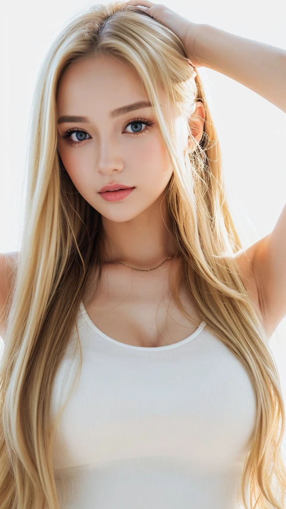 (((Blonde、forehead、long hair、White background、Tank top、Russia、Northern Europe)))、masterpiece, Highest quality, 8k,, 20th Generation, (Large Breasts:1.2), Background is white, cute, alone, sad, close, cute, Girlish, Delicate girl, Pure beauty, RAW Photos, Professional photography, Portraiture, Soft Light, Professional Lighting, Backlight, Upper Body, Sophisticated, Film Grain, (Eye and facial details:1.0) , Beautiful, flowing hair, Silk blouse,