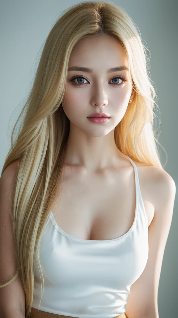 (((Blonde、forehead、long hair、White background、Tank top、Russia、Northern Europe)))、masterpiece, Highest quality, 8k,, 20th Generation, (Large Breasts:1.2), Background is white, cute, alone, sad, close, cute, Girlish, Delicate girl, Pure beauty, RAW Photos, Professional photography, Portraiture, Soft Light, Professional Lighting, Backlight, Upper Body, Sophisticated, Film Grain, (Eye and facial details:1.0) , Beautiful, flowing hair, Silk blouse,