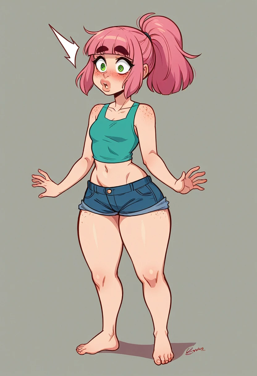 highres, masterpiece, perfect lighting, bloom, night, dark, cinematic lighting, adult, female, looking at viewer, full body, feet out of frame, (RSEEmma:1.5),(small breasts:1.4), micro shorts, denim shorts, wide hips, thick thighs, blunt bangs, black hair:pink hair, messy mid ponytail, green eyes, thick eyebrows, freckles, full lips, concerned, shocked, surprised, blushing,