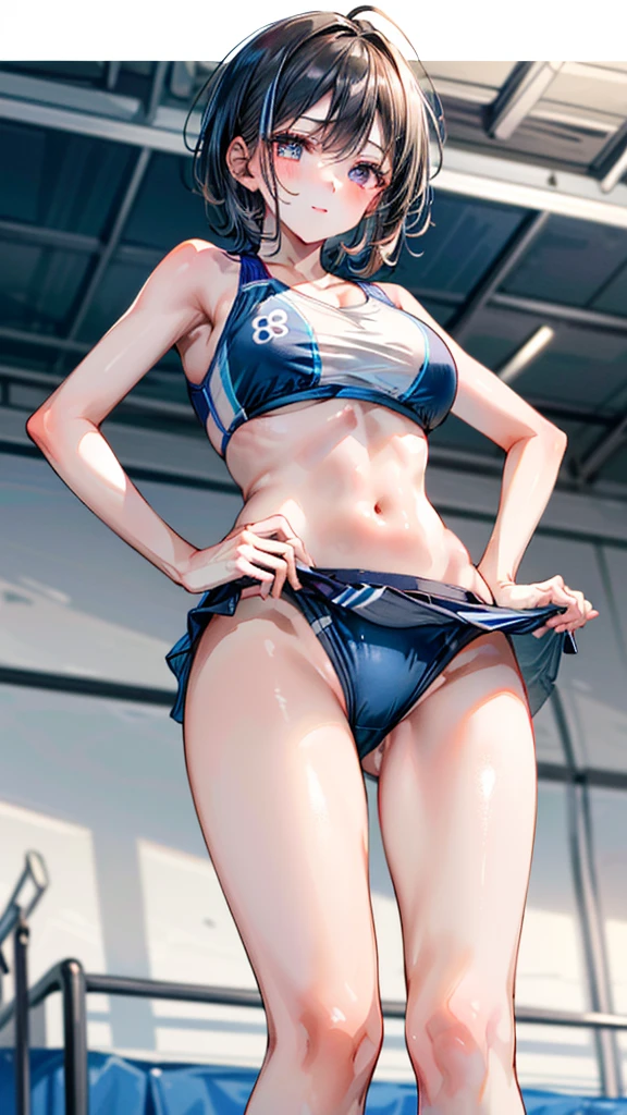 (Best quality, 8k, 32k, Masterpiece, UHD,:1.2),RAW, human, 1girl,ultra cute , ultra cute, natural lighting,transparent shining eyes, 20yo,medium breast ,femur, fair complexion , flushed face, absurdres, delicate girl, cowboy shot, (thighs, from below:1.3), shiny skin, (track uniforms, sportswear, sports bras, sports bikinis:1.3), rikujou, track and field, short hair, HDR, sharp focus,highest detailed, extreme detailed, ultra detailed, finely detail, detailed eyes and face, (smile:0.8), (bokeh background:1.2), athlete, athletic