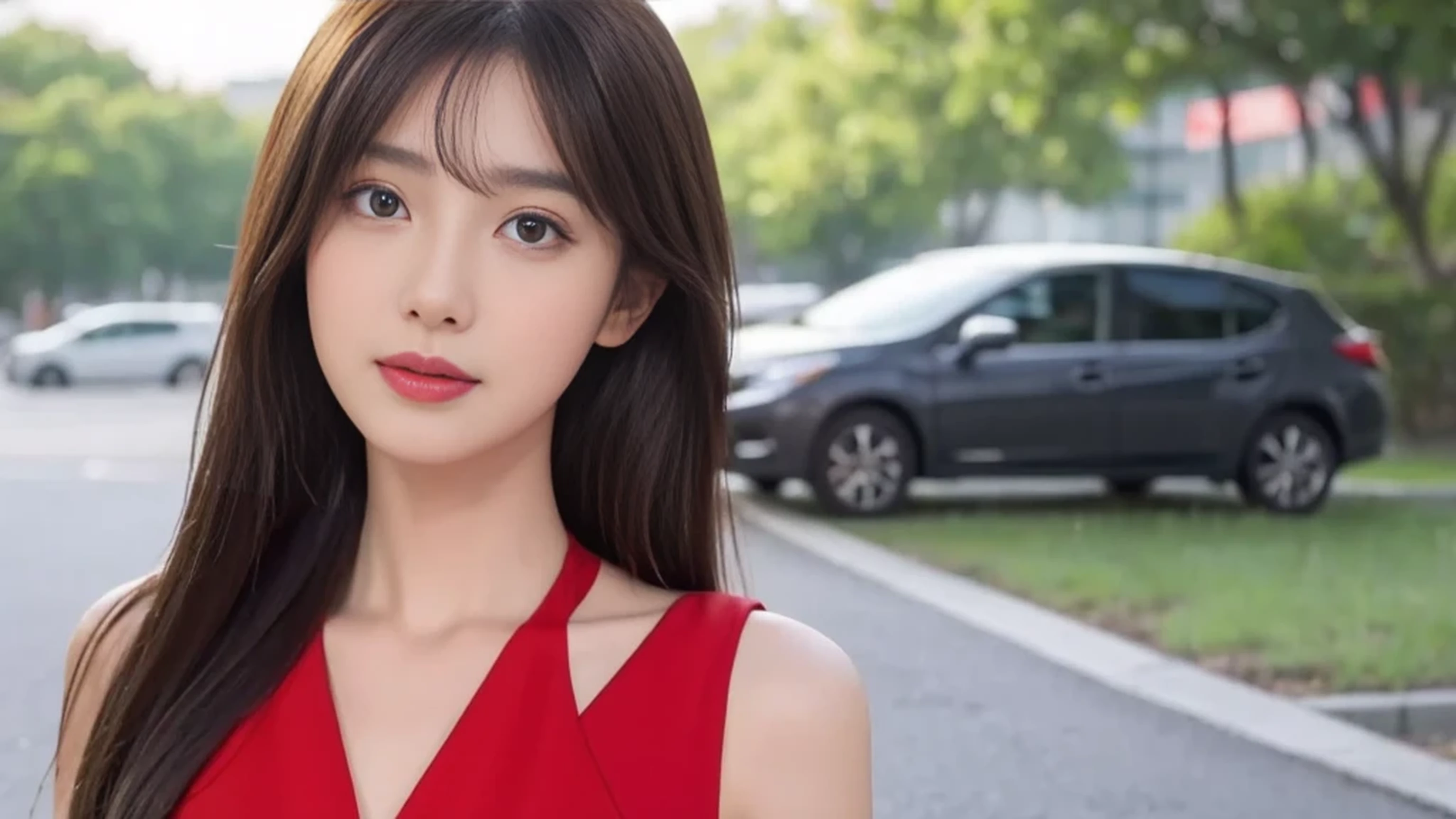 (masterpiece),(Best quality:1.0), (Ultra-high sharpness:1.0), A detailed description, 8K, Japanese cartoon, 1 girl, beautiful Japanese cartoon girl, Wearing a red dress, corolla, Pretty Face, Detailed face, beautiful eyes, Delicate eyes, Dark red eyes, Bright red lips, Red lipstick, Beautiful and stylish hair, Hair highlights, bangs Japanese cartoon style, Best quality, Energetic