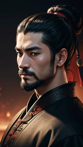 Oriental、Men in ancient Chinese costumes、ancient chinese hairstyle male、Three Kingdomultiple warlords、Highest quality、masterpiece、Ultra-high resolution、(Realistic:1.4)、Game Poster、Crisp and beautiful image quality、Black clothes、Nose beard、I made a square bun.、