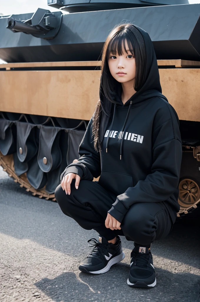 Girl with long black hair and black hoodie, black shoes　Standing in front of a Type 10 tank