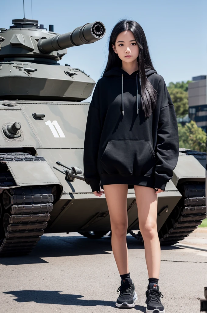 Girl with long black hair and black hoodie, black shoes　Standing in front of a Type 10 tank