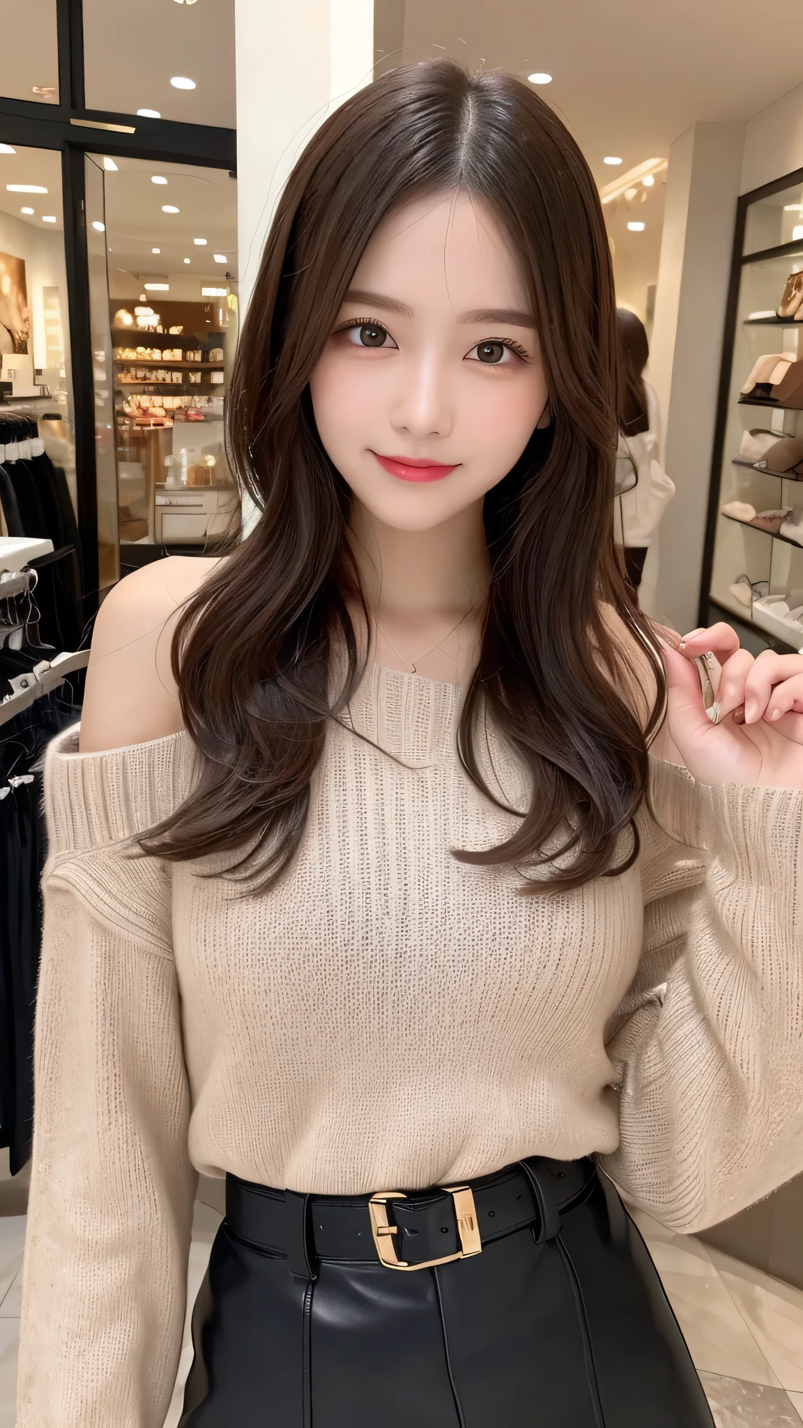 (2girls:1.2),In detail, High resolution, high quality、Beautiful fine details, long hair, Natural color lip、Clear Skin、Shiny Hair、Tabletop, 最high quality, Super detailed, In detail, High resolution, 8k、Cute pose,Beautiful feet,Perfect beautiful face,KPOP idol faces,Ecstatic face、Cute face,thigh boots、leather skirt、Off-the-shoulder sweater、smile、Shopping mall、Apparel Shop、bag、belt、mini skirt、Put your chest close、stand
