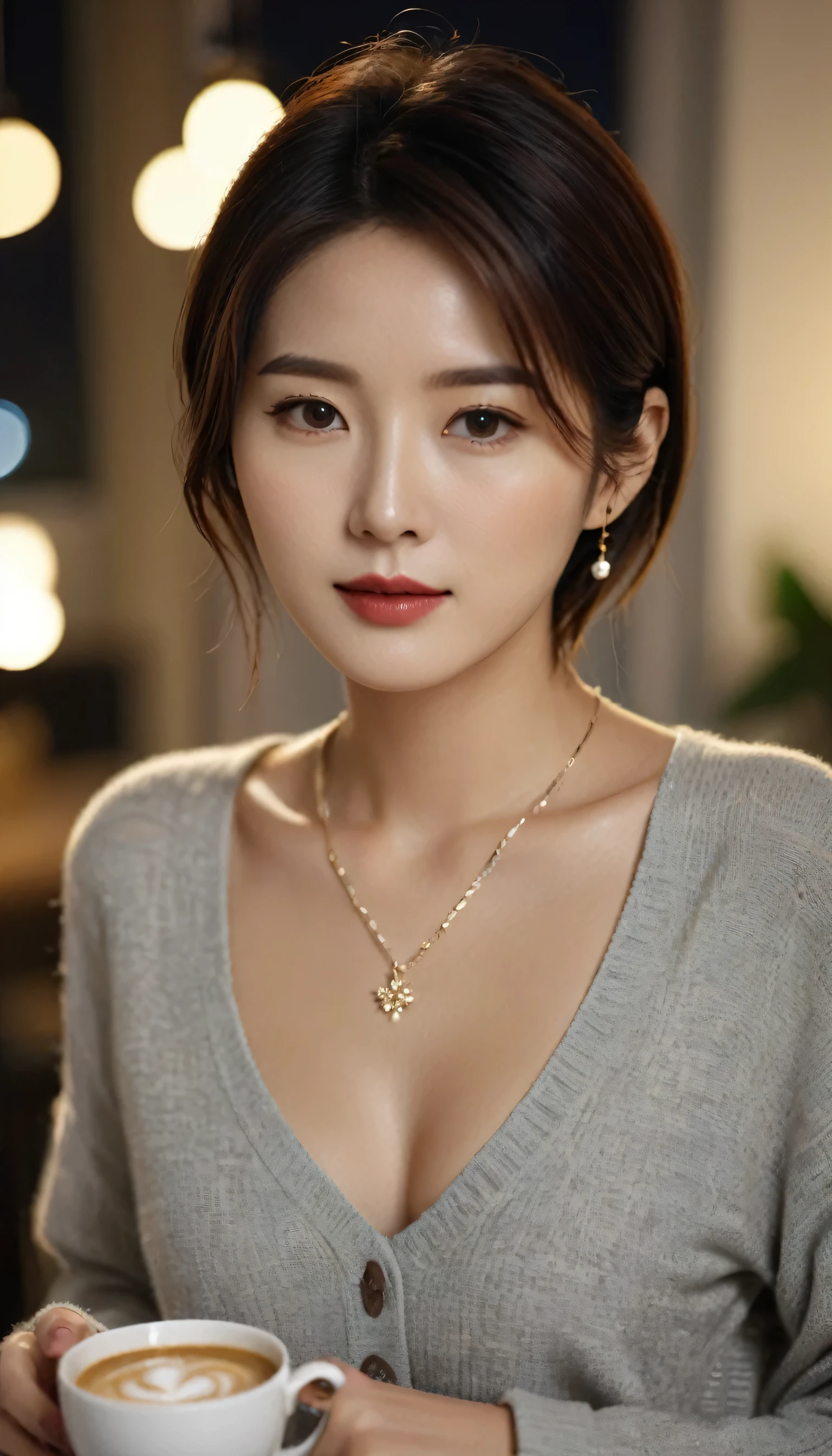 Close-up of a beautiful Korean woman, 29&References; Chest,Wear a necklace, wearing a long sleeve shirt, skirt, elegant expression, Look directly into the camera, Place a cup of coffee in the apartment, Bokeh background, night, Short hair front view, Ultra HD