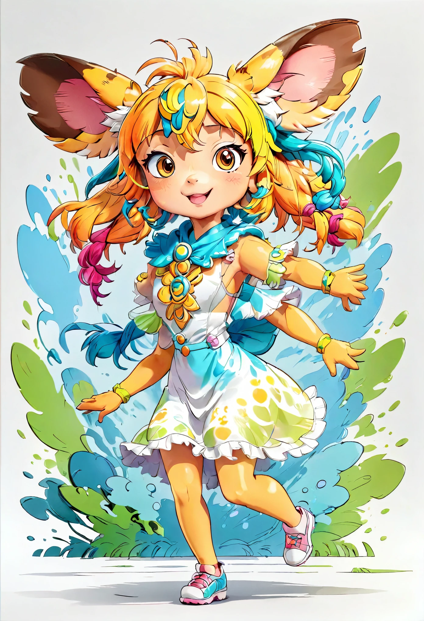 a cartoon character of an anthropomorphized animal, detailed marker outline, 1girl, cute, anime style, dynamic pose, whimsical expression, bright vibrant colors, dynamic lighting, digital painting, masterpiece, (best quality,4k,8k,highres,masterpiece:1.2),ultra-detailed,(realistic,photorealistic,photo-realistic:1.37)
