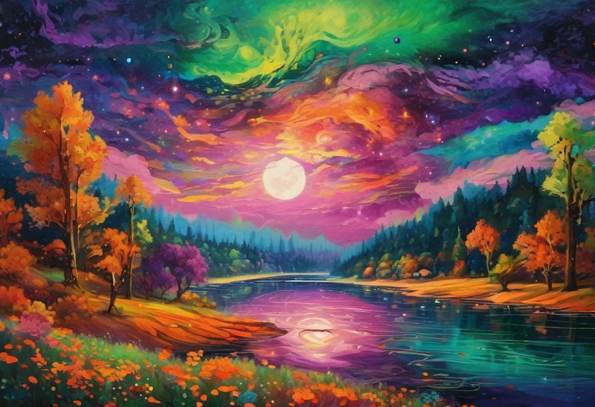 Halloween theme, Beautiful majestic river landscape, Nebulae and starry sky, Thinking expansion, Optical Art, Art Nouveau, Psychedelic Art, kaleidoscope, bright, green, pink, purple, Orange and, Golden Ratio, False Information, pixiv fan box trend, Acrylic Palette Knife, Studio Shinkai's Ghibli Genshin Impacted James Gillie (James Gillierd) Style by Greg Rutkowski (Greg Rutkowski) Qingdao Chiho