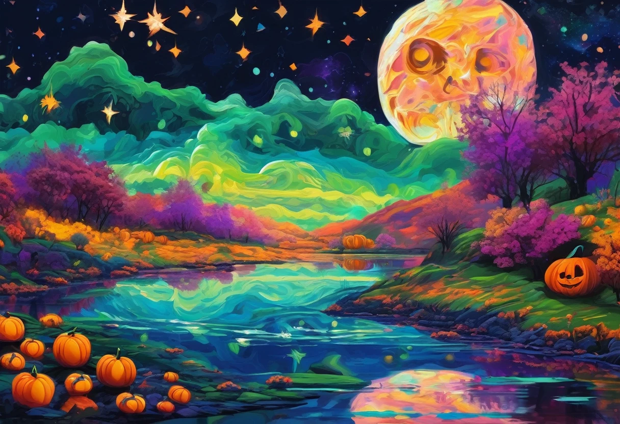 Halloween theme, Beautiful majestic river landscape, Nebulae and starry sky, Thinking expansion, Optical Art, Art Nouveau, Psychedelic Art, kaleidoscope, bright, green, pink, purple, Orange and, Golden Ratio, False Information, pixiv fan box trend, Acrylic Palette Knife, Studio Shinkai's Ghibli Genshin Impacted James Gillie (James Gillierd) Style by Greg Rutkowski (Greg Rutkowski) Qingdao Chiho