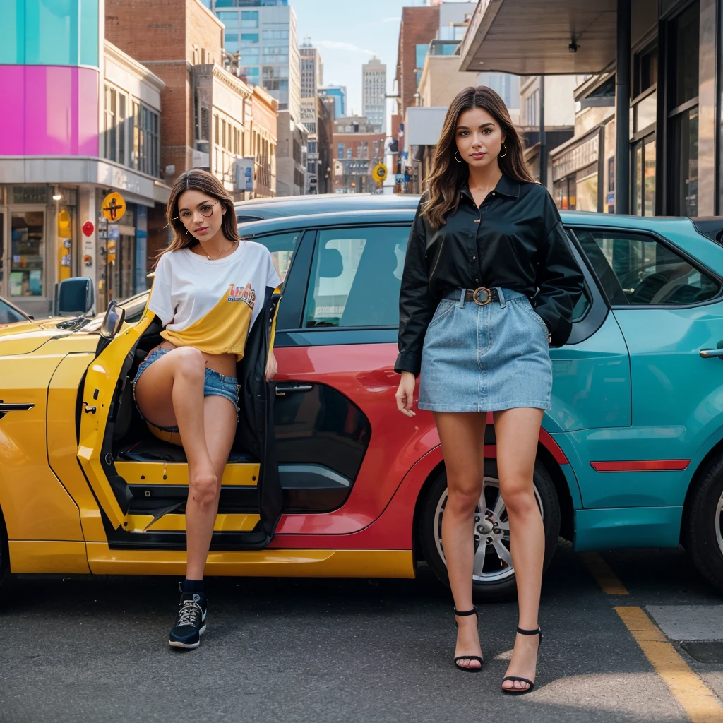 create an image demonstrating the Style of ((Downtown Girl)) Style, hyperrealism, 8K high definition, bright colors, sharp focus, insanely detailed, enormous 