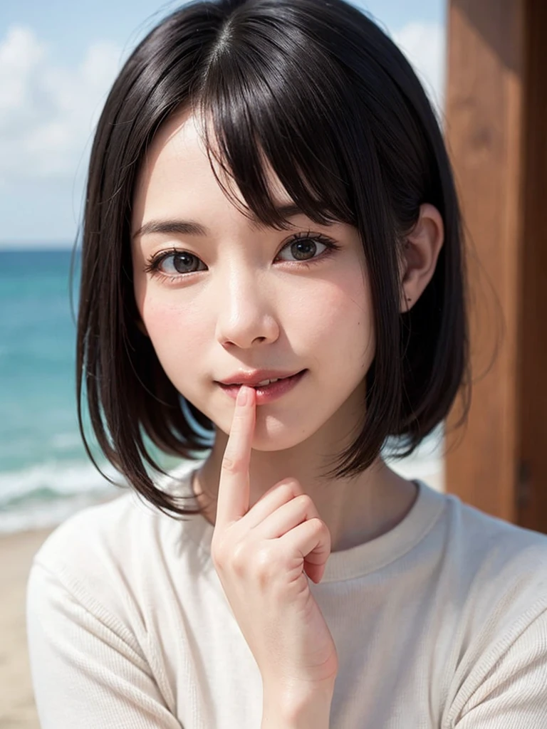 1 girl、top-quality、realisitic、report、depth of fields、natural soft light、during daytime、Enchanting、beauitful face、Cleanliness、Pure face、de pele branca、cute hawk hair、bangss、the beach、rays of sunshine、Nedium Breast Body Esbian、((Beautiful face with sweater golden ratio Beautiful face with symmetry))、long neck、Put your ears out、Clean short bob hair with bangs、Smile with your mouth closed:1.4、Smile with your mouth closed:1.4、Perfect fingers、perfect hand、Perfect body、face perfect、Shine a light into the eyes、Perfect Anatomy:1.4、very cute super model:1.4