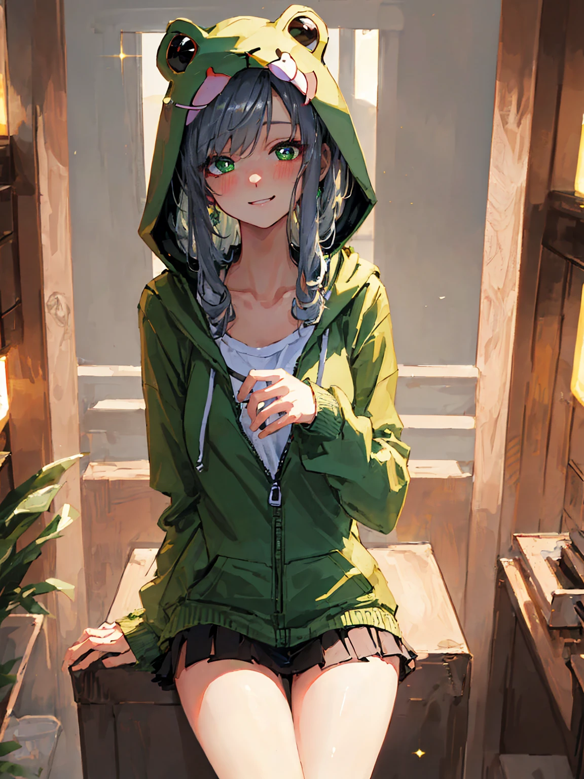 ((masterpiece, best quality)), highres, 8k, cinematic light, high contrast, depth of field, intense glow, detailed background, 1girl, cute, detailed eyes, sparkle in eyes, detailed iris, grin, stylized, (green_hair:1.3), messy hair, luminous, dreamer, dreamy eyes, sleepy, (green_eyes:1.3) enchanted green eyes, hood, hoodie, frog hoodie, (frog hood:1.5), froggy, (frog in disguise:1.3), unzipped hoodie, naked hoodie, no pants, no skirts, bottomless, no shirt, shirtless, (green_hoodie:1.3), cute, cute smile, (blushing:1.3)