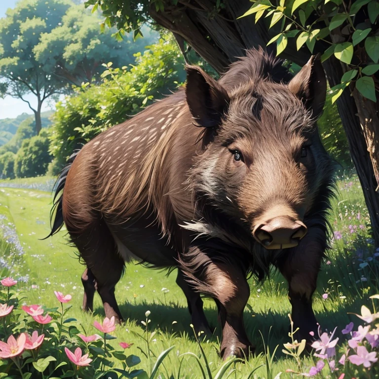 Wild boar in bush clover、July's Hanafuda Cards、Designing the boar to be smaller、Cute boar