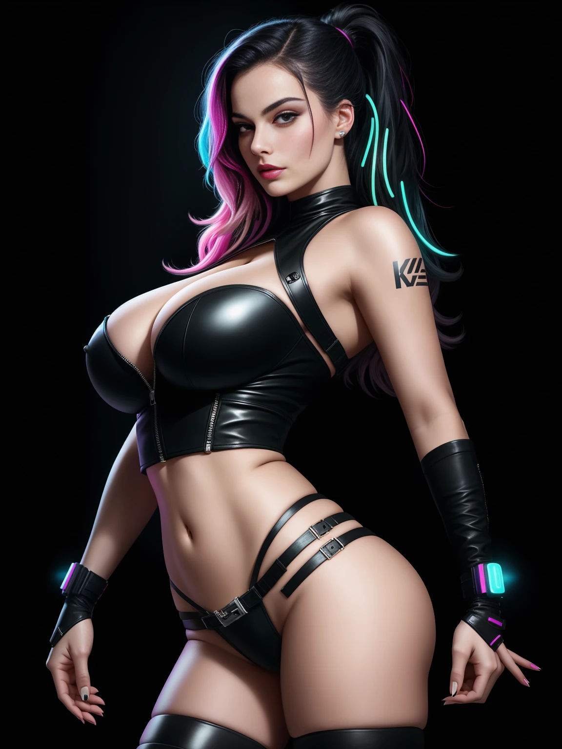 there is Margot Robbie, black neon streaked hair, hair in pony tail, 3 d neon art of a womans body, neon-noir background, cyberpunk femme fatale, seductive cyberpunk dark fantasy, cyberpunk strip clubs, cyberpunk 20 y. o model girl, oppai cyberpunk, banner, high definition cgsociety, cgsociety masterpiece, trending on cgstation, kda, random hair, nice ass, back to camera, gigantic breasts, cleavage, (high detailed skin:1.2), 8k uhd, dslr, super lighting, high quality, film grain, high res, highly detailed, hyper realistic, beautiful face, beautiful body, beautiful eyes nose lips, alluring expression, very bold, upper  visible, full body photo, standing legs apart, pale translucent glowing skin, most beautiful face, cute, (well defined pubic hair:1.2)), (dark plain black background:1.4))