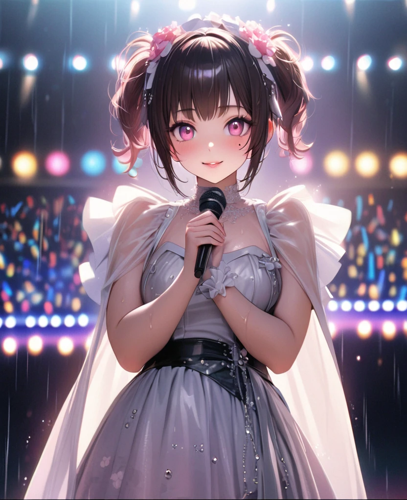 One Girl、Looking at the audience、lovely,
Beautiful pink eyes、short twin tail hair , Mole under the eye、Plump and glossy lips、Heart-shaped choca、Idol、Her name is Rico,smile、ー、。.。.。.。.。.。.。.。.。.。.。.。.。.。.。.。.。.。.3D、Realistic、
The idol's costume was soaked in the heavy rain, and her chest was wet and transparent.Heavy rain at outdoor concert, Drape clothes、gem、The decoration has been removed、Floral、Lace trim,On a glittering stage、
masterpiece、highest quality、8k、Detailed skin texture、Detailed cloth texture、Beautifully detailed face、Intricate details、Very detailed、
超A high resolution、8k Ultra HD、Film Grain、Best Shadow、delicate、Gazing at the audience、front