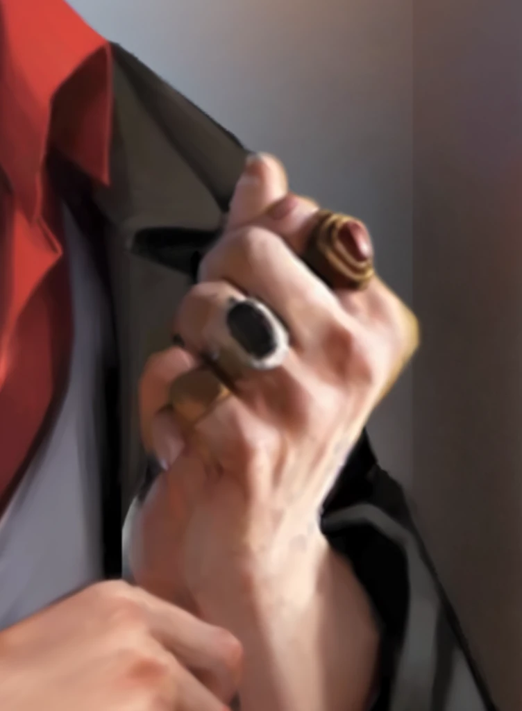 someone is holding a cigar in their hand and wearing a red tie, ultra detail. digital painting, extreme hand detail, digitally painted, realistic detail, point finger with ring on it, closeup of hand, digital painted, corrected hand, high detail of a hand, digitally painting, [ [ hyperrealistic ] ], ( ( extreme detail ) ), heavy gesture style closeup