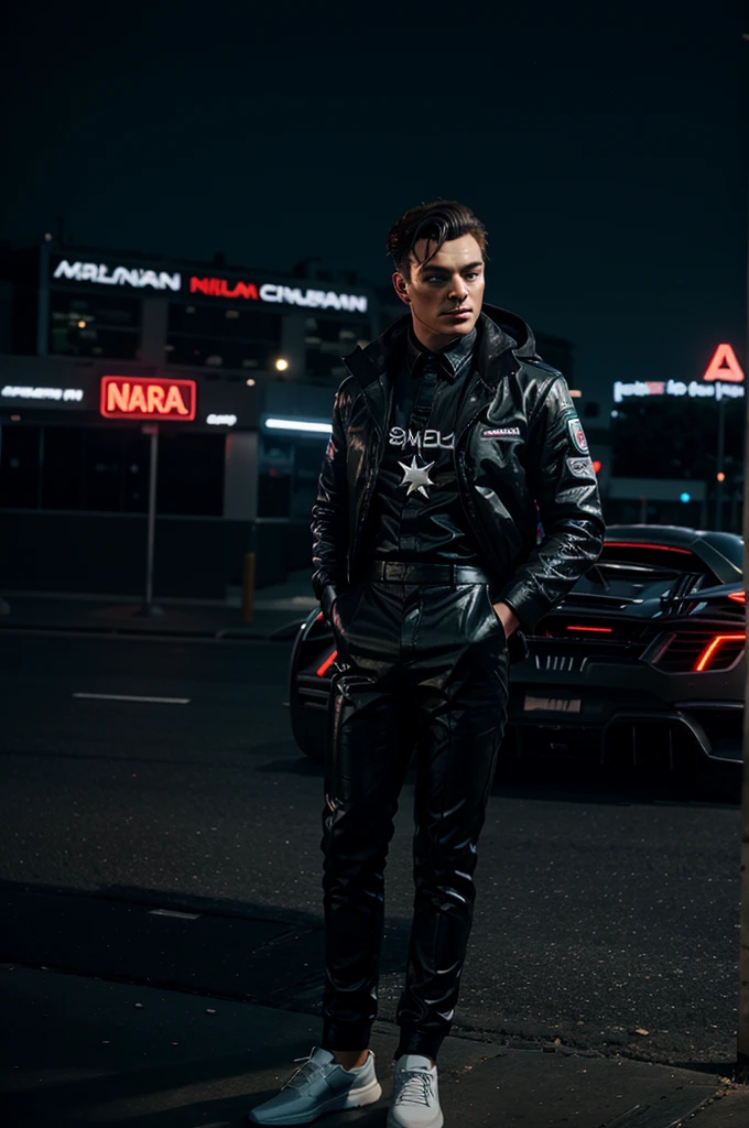 a sheep with starboy outfit with his mclaren senna and night city background